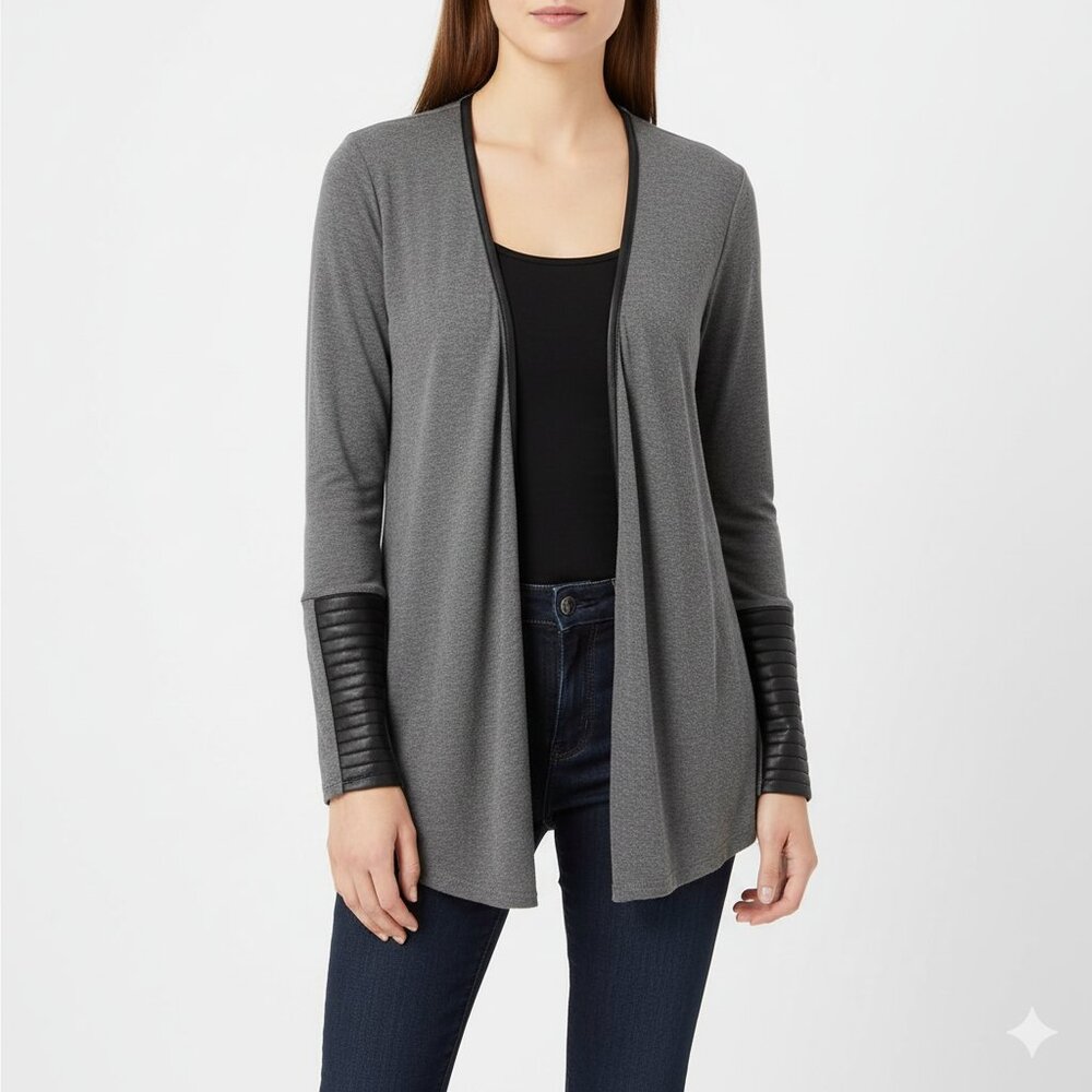 *Michael Studio Collection Grey Cardigan with Faux Leather Cuffs